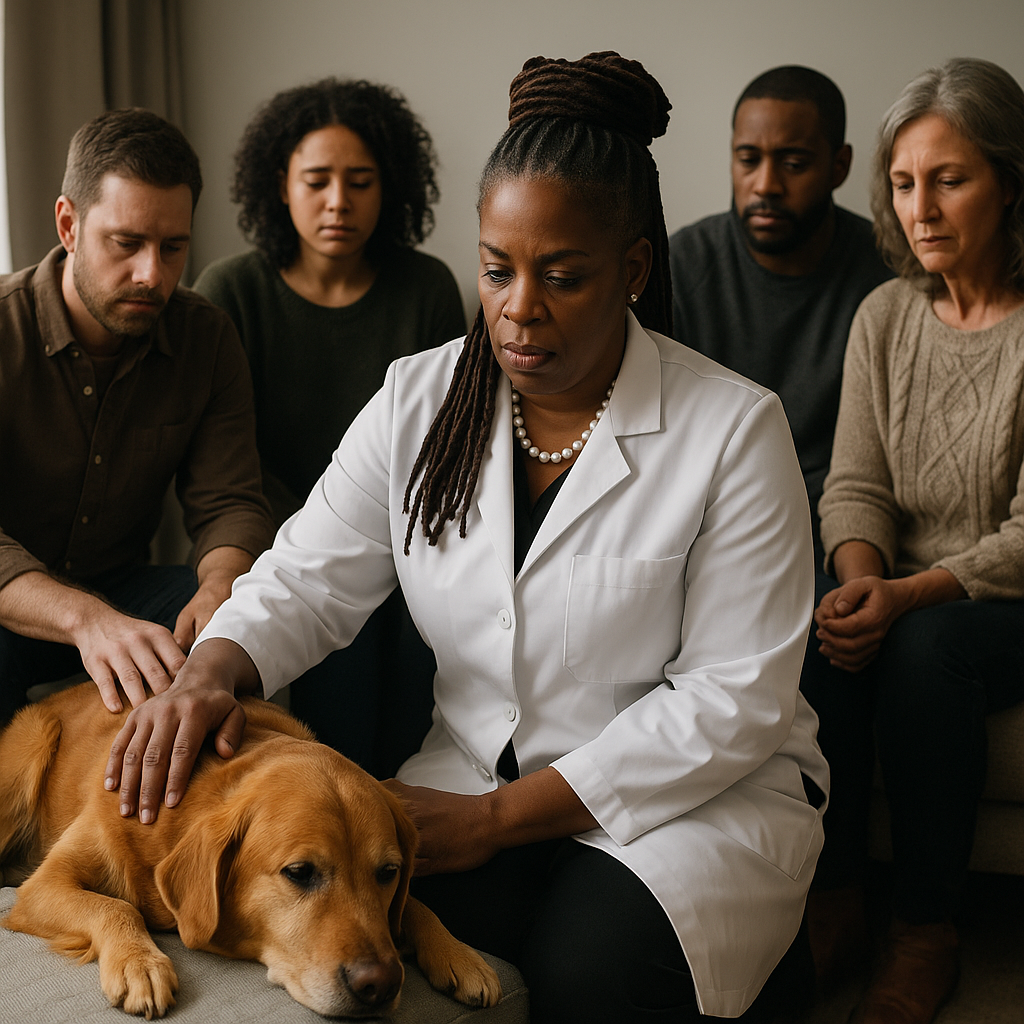 Dr. Croom is shown at a family's home, giving comfort to a beautiful golden retriever dog while family surrounds them with grieving faces.